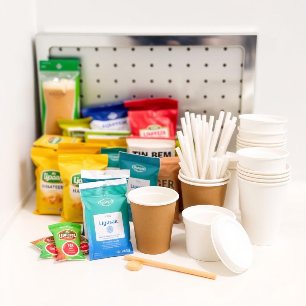 Sugar, creamer, cups and stir sticks — breakroom condiments and supplies