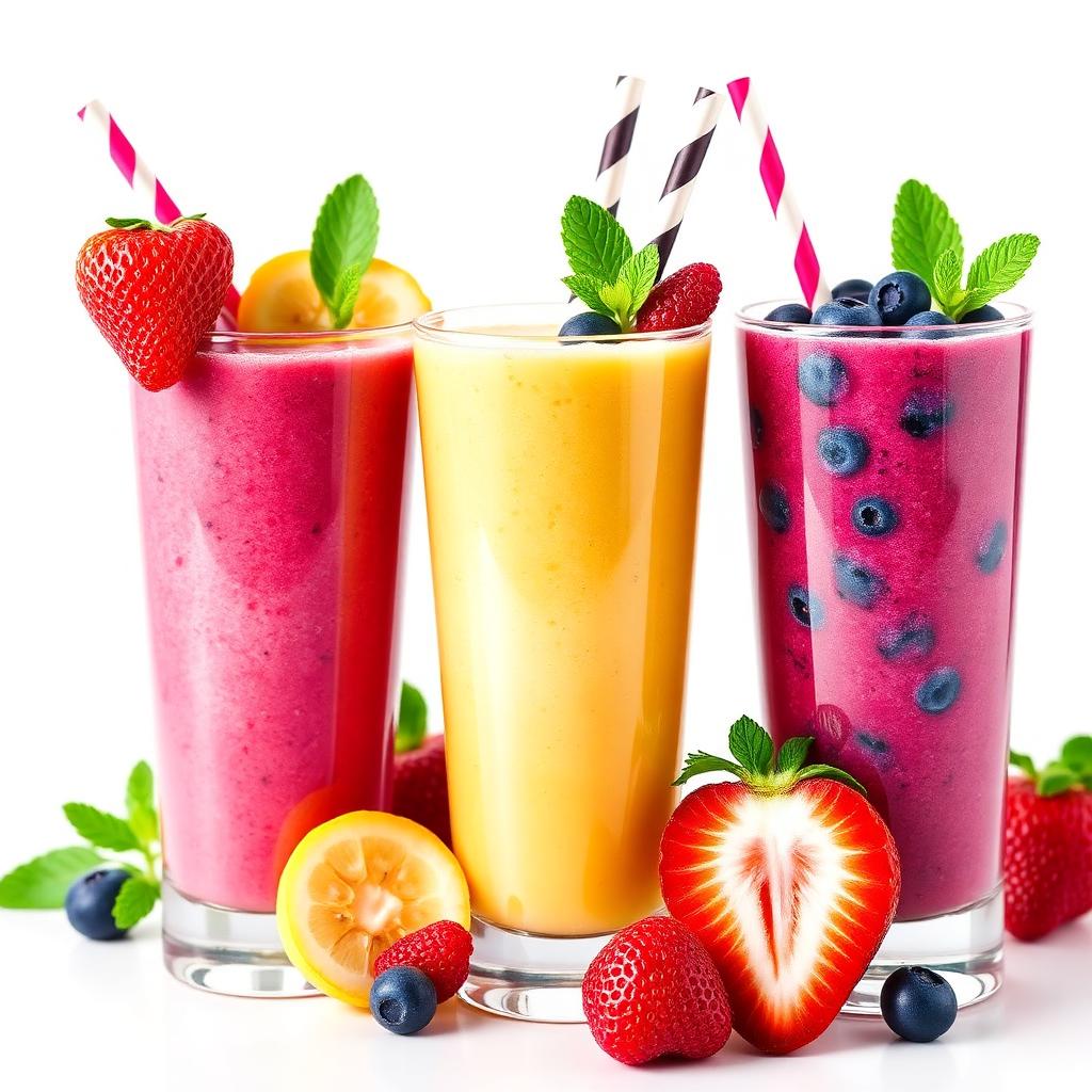 Fresh fruit office smoothies — strawberry, mango, blueberry